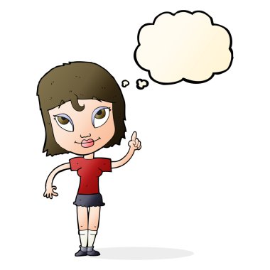 Düşünce baloncuğu olan çizgi film kadını.