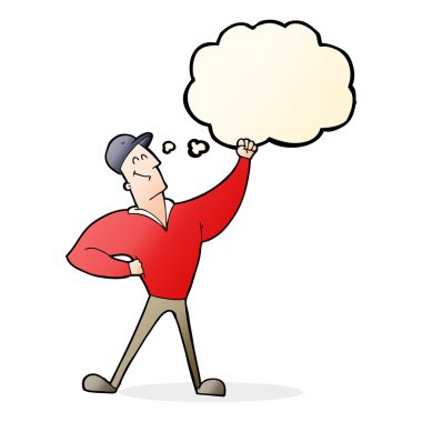 Düşünce baloncuğuyla kahramanca poz veren çizgi film adamı.