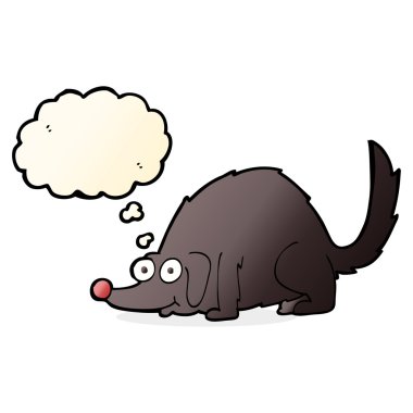 Düşünce baloncuklu mutlu bir köpek.