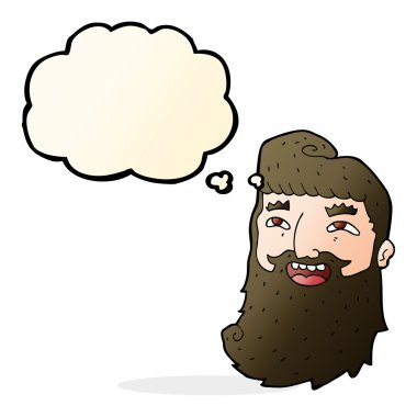 Düşünce baloncuğuyla gülen sakallı çizgi film adamı.