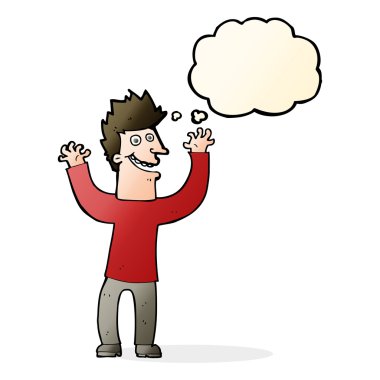 Düşünce baloncuğu olan heyecanlı bir adam.