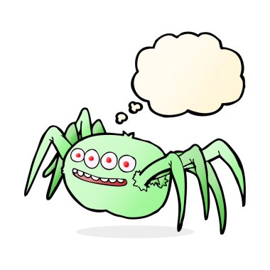 Düşünce baloncuklu korkunç örümcek çizgi filmi.