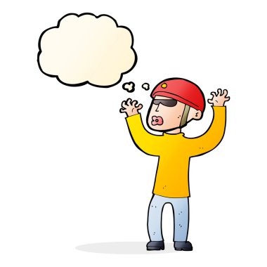 Karikatür güvenliği düşünce baloncuğuyla panikliyor.