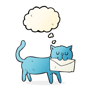 Düşünce baloncuklu mektup taşıyan çizgi film kedisi.