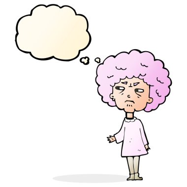 Düşünce baloncuğu olan yaşlı bir kadın.