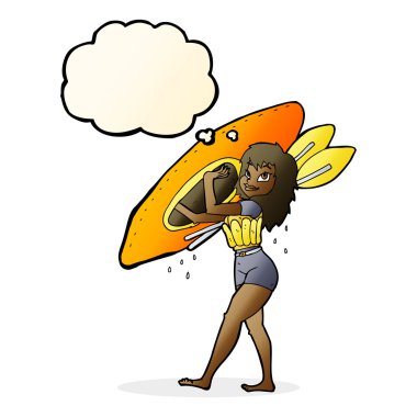 Düşünce baloncuklu kano taşıyan karikatür kadın.