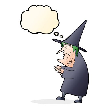 Düşünce baloncuğu olan çirkin yaşlı cadı çizgi filmi