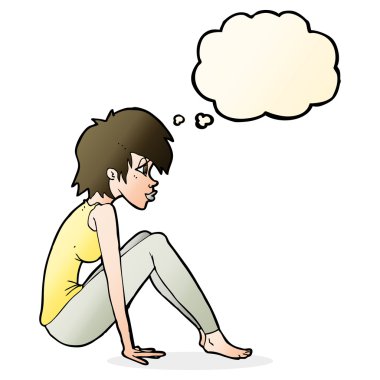 çizgi film kadın düşünce balonu ile oturuyordu