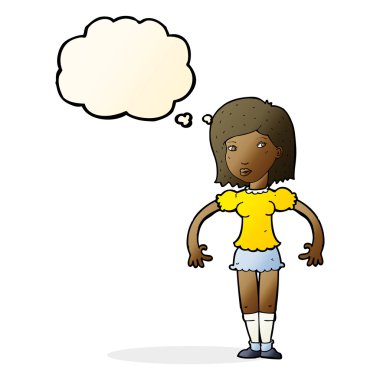 Düşünce baloncuğuyla yan bakan çizgi film kadını.