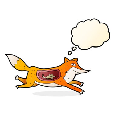 Düşünce baloncuğuyla karnında fare olan çizgi film tilkisi