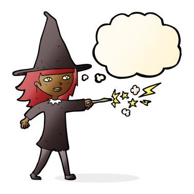 çizgi film cadısı kız düşünce baloncuğuyla büyü yapıyor.