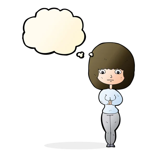 Cartoon shy woman with thought bubble — Stock Vector