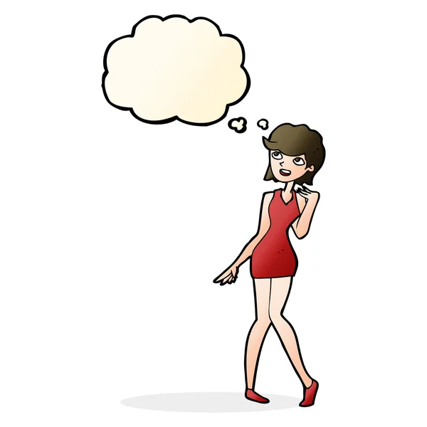 Femme dessin animé en robe de cocktail avec bulle de pensée — Image vectorielle