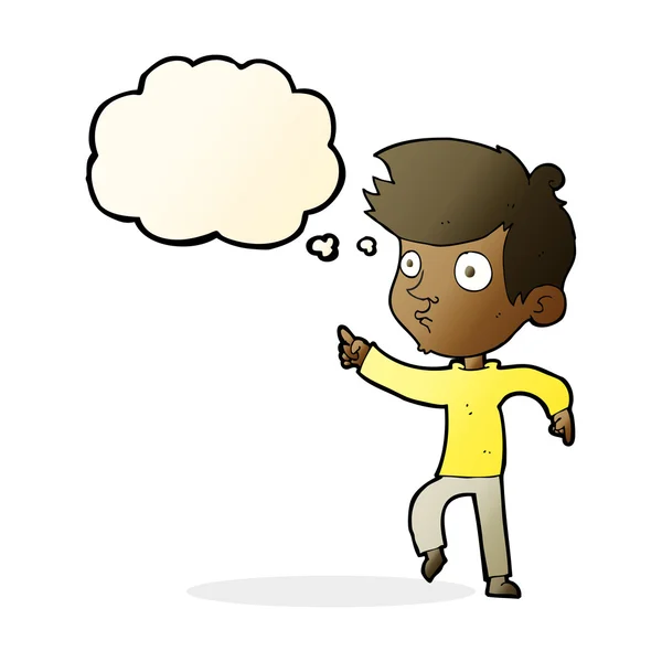 Dibujos animados apuntando chico con burbuja de pensamiento — Vector de stock