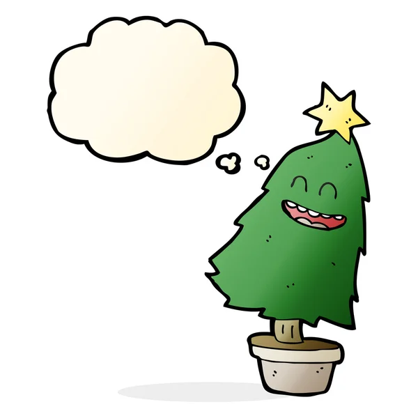 Árbol de Navidad de baile de dibujos animados con burbuja de pensamiento — Vector de stock