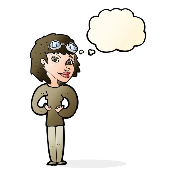 Cartoon aviator woman with thought bubble — Stock Vector