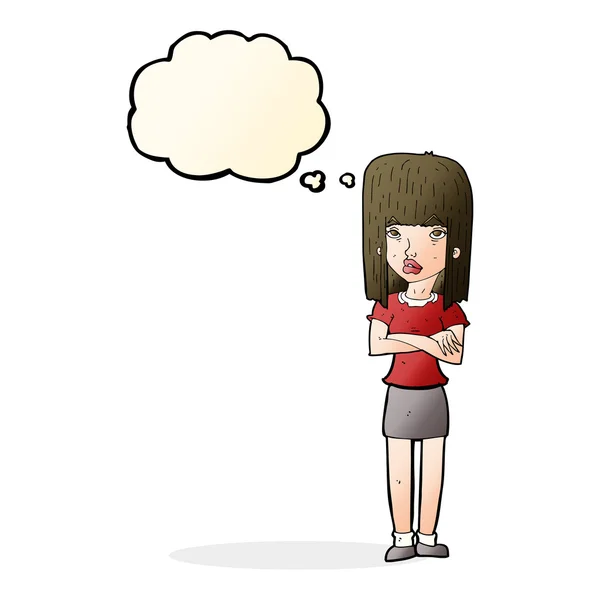 Γελοιογραφία γυναίκα να στέκεται με σκέψη φούσκα — Διανυσματικό Αρχείο