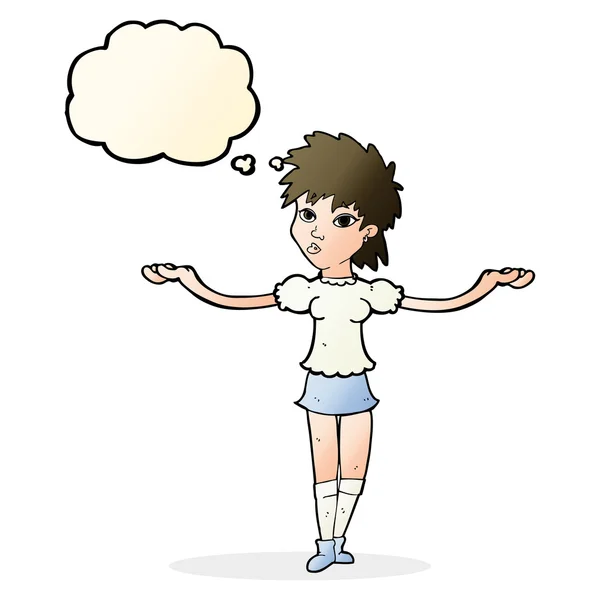 Cartoon woman shrugging shoulders with thought bubble — Stock Vector