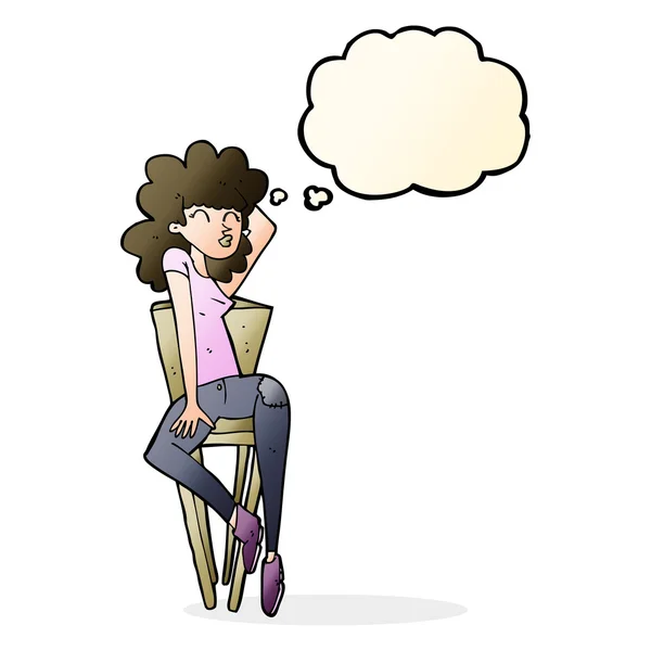 Cartoon woman posing on chair with thought bubble — Stock Vector