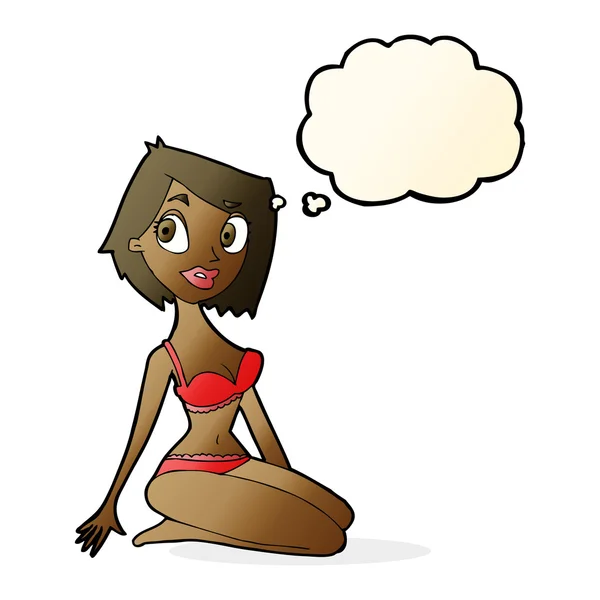 Cartoon mooie vrouw in ondergoed met gedachte zeepbel — Stockvector
