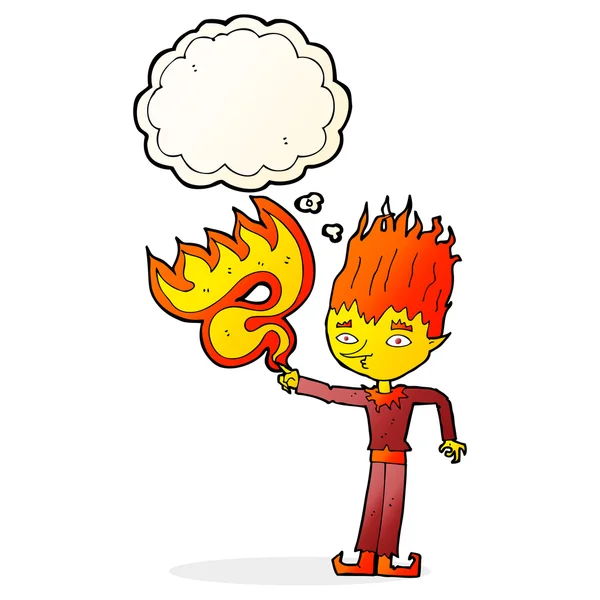 Espíritu de fuego de dibujos animados con burbuja de pensamiento — Vector de stock