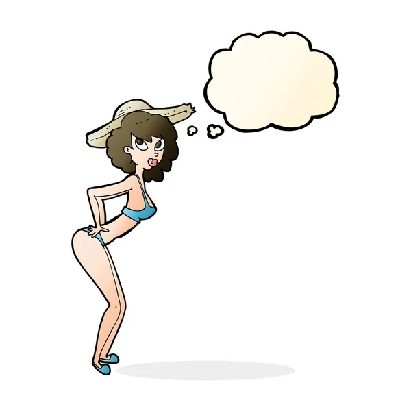 Cartoon Pin-up Strandmädchen mit Gedankenblase — Stockvektor