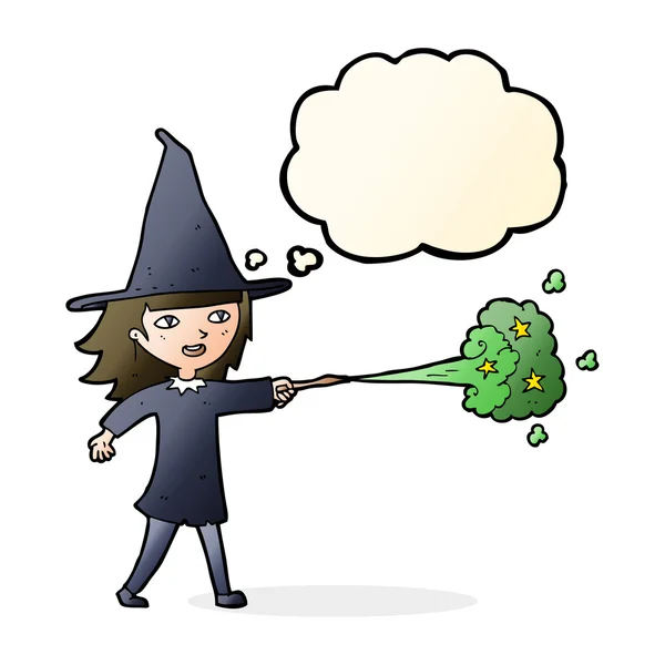 Cartoon witch girl casting spell with thought bubble — Stock Vector
