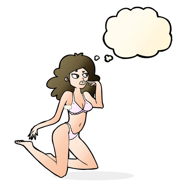 Dessin animé femme en sous-vêtements regardant réfléchi avec pensée bubbl — Image vectorielle