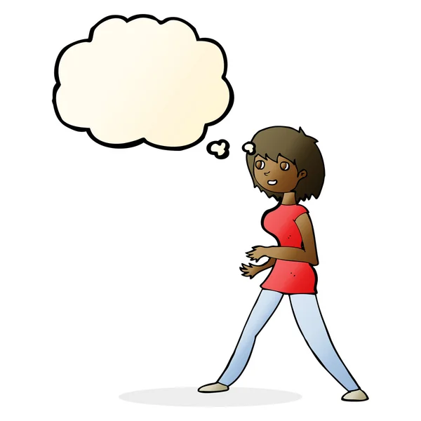 Femme dessin animé marche avec bulle de pensée — Image vectorielle