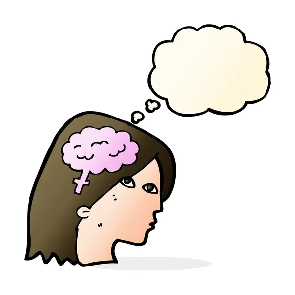 思考の泡を持つ脳のシンボルを持つ漫画の女性の頭 — ストックベクタ