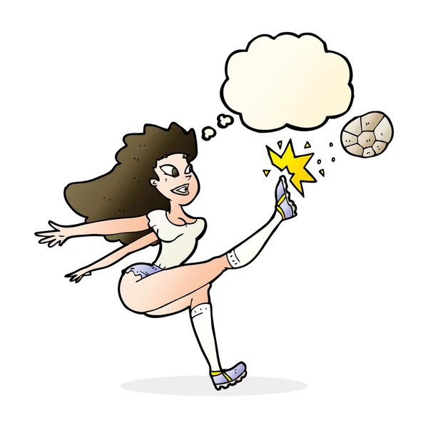 Cartoon vrouwelijke voetballer schoppen bal met gedachte zeepbel — Stockvector