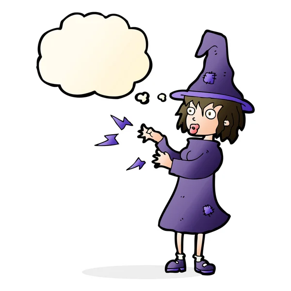 Cartoon witch casting spell with thought bubble — Stock Vector