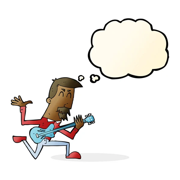 Cartoon man playing electric guitar with thought bubble — Stock Vector