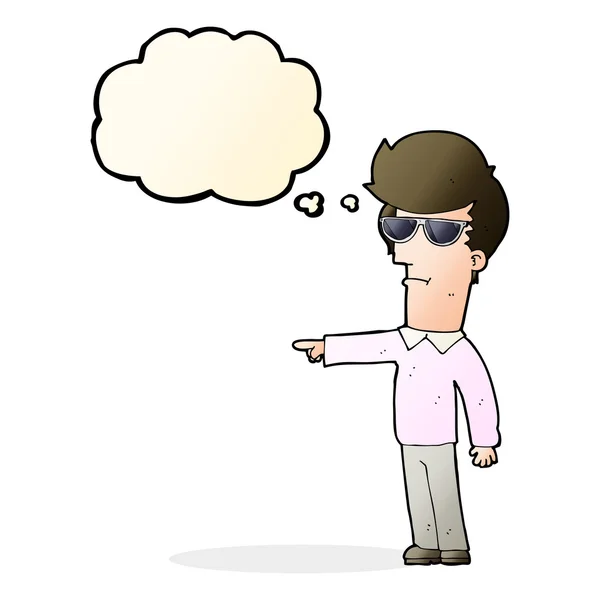 Hombre de dibujos animados en gafas apuntando con burbuja de pensamiento — Vector de stock