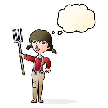 Düşünce baloncuklu çiftçi kız.