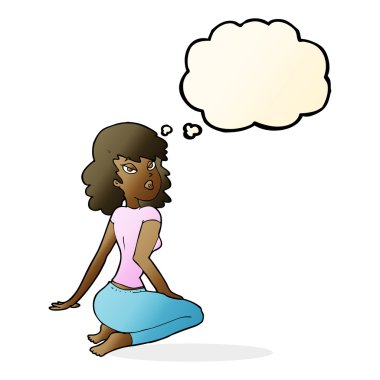 Düşünce baloncuğu olan güzel bir kadın.