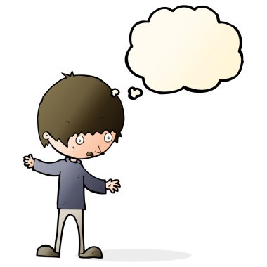 Düşünce baloncuğuyla kollarını açmış çizgi film çocuğu.