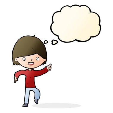 Çizgi film adamı düşünce balonunu işaret ediyor.