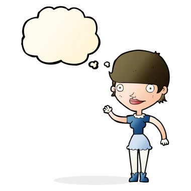 Düşünce baloncuğu olan çizgi film kadını.