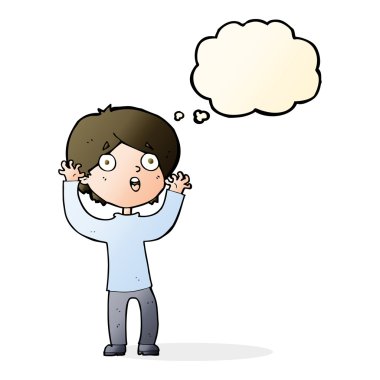 Düşünce baloncuğu olan korkmuş bir adam.