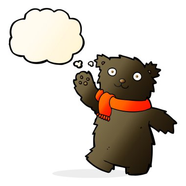 Düşünce baloncuklu atkı takan oyuncak ayı.