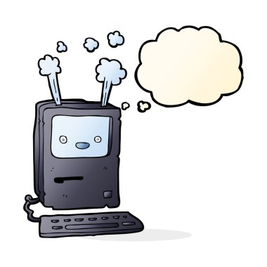 Düşünce baloncuklu eski bilgisayar
