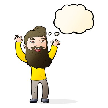 çizgi film mutlu sakallı adam düşünce baloncuğuyla kollarını sallıyor