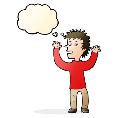 Düşünce baloncuğu olan heyecanlı çocuk.