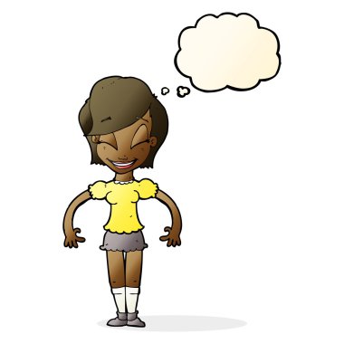 Düşünce baloncuğu olan güzel bir kadın.