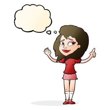 Düşünce baloncuğu olan çizgi film kadını.