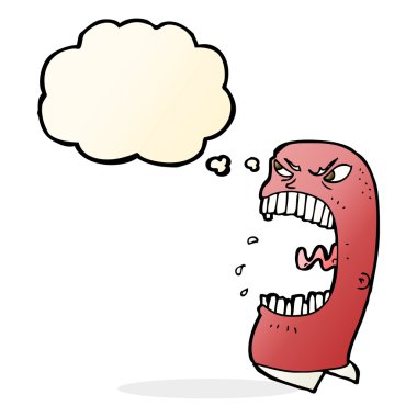 Düşünce baloncuğuyla bağıran öfkeli adam.