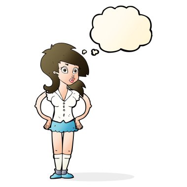 Düşünce baloncuğu olan güzel bir kadın.