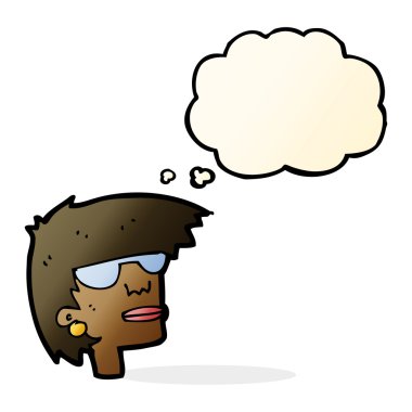 Düşünce baloncuklu gözlüklü kadın yüzü