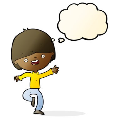 Düşünce baloncuğuyla dans eden mutlu çocuk.